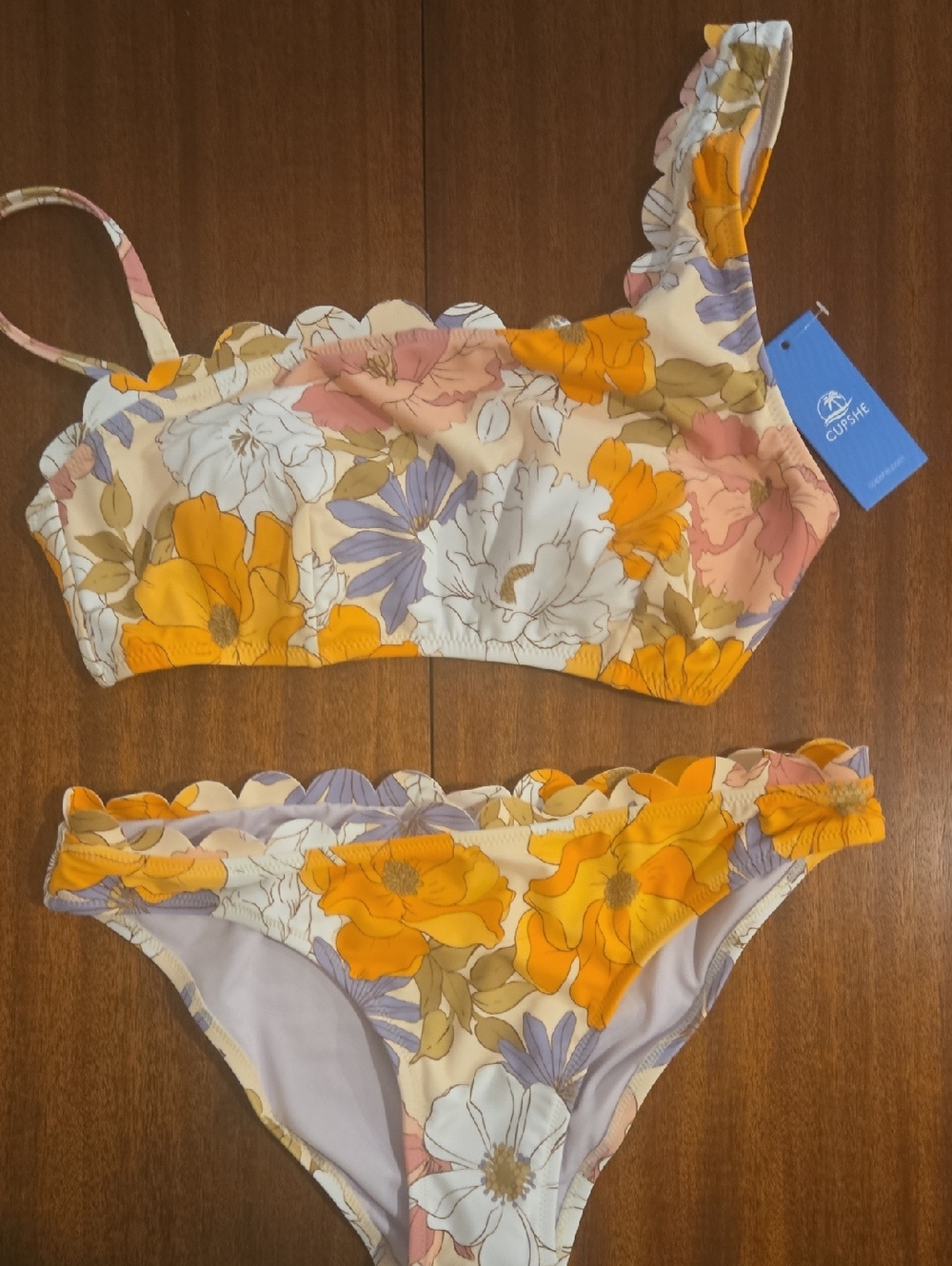 Cupshe Yellow Floral Scalloped Ruffle Bikini Set